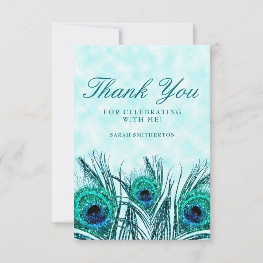Glittery Blauwgroen Blue Peacock Feathers Sweet 16 Bedankkaart (Voorkant)