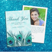 Glittery Blauwgroen Blue Peacock Feathers Sweet 16 Bedankkaart