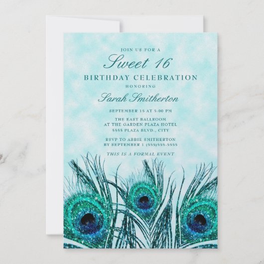 Glittery Blauwgroen Blue Peacock Feathers Sweet 16 Kaart (Voorkant)