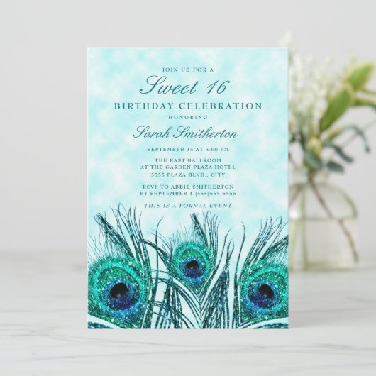 Glittery Blauwgroen Blue Peacock Feathers Sweet 16 Kaart (Staand voorkant)