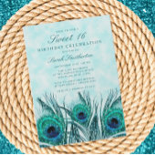 Glittery Blauwgroen Blue Peacock Feathers Sweet 16 Kaart