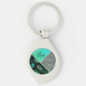 Glittery Blauwgroen Tropical Leopard Print Aangepa Sleutelhanger (Voorkant)