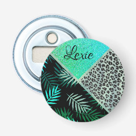 Glittery Blauwgroen Tropical Leopard Print Button Flesopener