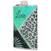 Glittery Blauwgroen Tropical Leopard Print Heupfles (Links)