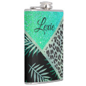 Glittery Blauwgroen Tropical Leopard Print Heupfles (Rechts)