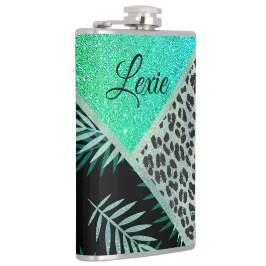 Glittery Blauwgroen Tropical Leopard Print Heupfles (Rechts)