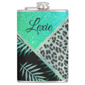 Glittery Blauwgroen Tropical Leopard Print Heupfles (Voorkant)