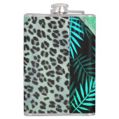 Glittery Blauwgroen Tropical Leopard Print Heupfles (Achterkant)