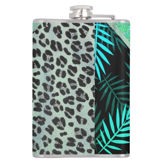 Glittery Blauwgroen Tropical Leopard Print Heupfles (Achterkant)