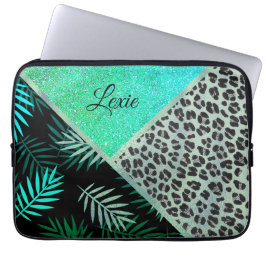 Glittery Blauwgroen Tropical Leopard Print Laptop Sleeve