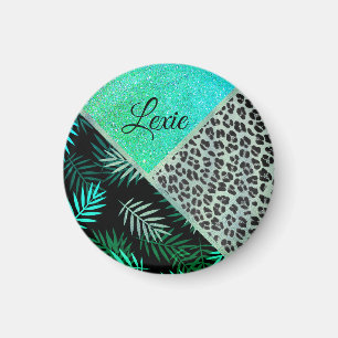 Glittery Blauwgroen Tropical Leopard Print Magneet