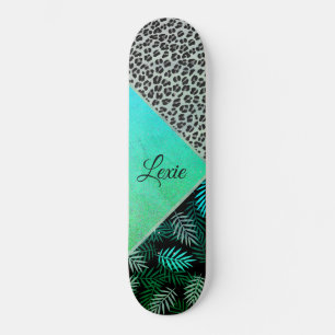 Glittery Blauwgroen Tropical Leopard Print Persoonlijk Skateboard