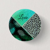 Glittery Blauwgroen Tropical Leopard Print Ronde Button 3,2 Cm (Voorkant)