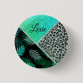 Glittery Blauwgroen Tropical Leopard Print Ronde Button 3,2 Cm