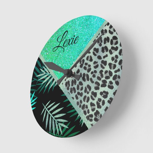 Glittery Blauwgroen Tropical Leopard Print Ronde Klok (Hoek)