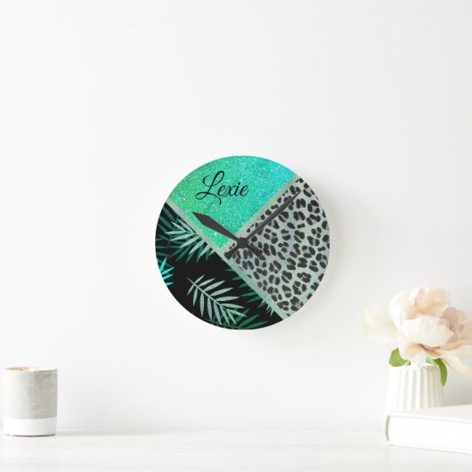 Glittery Blauwgroen Tropical Leopard Print Ronde Klok (Huis)