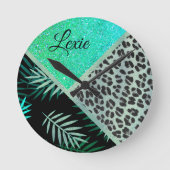 Glittery Blauwgroen Tropical Leopard Print Ronde Klok (Voorkant)
