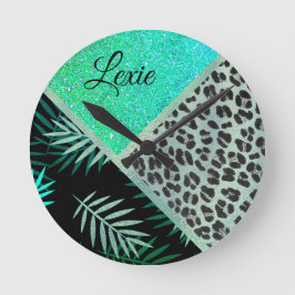 Glittery Blauwgroen Tropical Leopard Print Ronde Klok