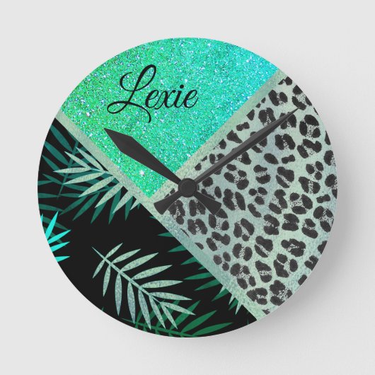 Glittery Blauwgroen Tropical Leopard Print Ronde Klok (Voorkant)