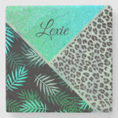 Glittery Blauwgroen Tropical Leopard Print Stenen Onderzetter (Voorkant)