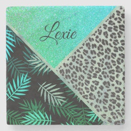 Glittery Blauwgroen Tropical Leopard Print Stenen Onderzetter