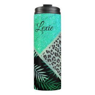 Glittery Blauwgroen Tropical Leopard Print Thermosbeker