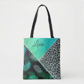 Glittery Blauwgroen Tropical Leopard Print Tote Bag (Voorkant)
