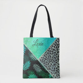 Glittery Blauwgroen Tropical Leopard Print Tote Bag