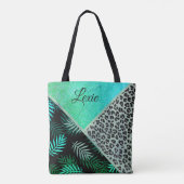 Glittery Blauwgroen Tropical Leopard Print Tote Bag (Achterkant)