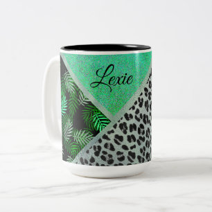 Glittery Blauwgroen Tropical Leopard Print Tweekleurige Koffiemok