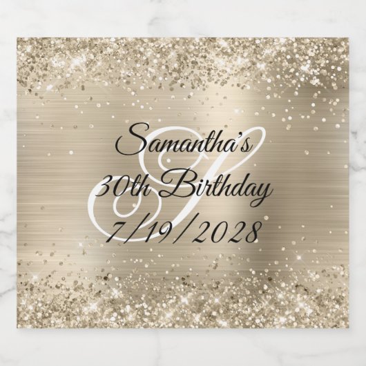 Glittery Bleek Gold Foil Monogram 30e Verjaardag Sparkling Wijnetiket (Enkel label)
