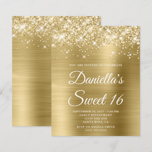 Glittery Bleek Gold Foil Sweet 16 Budget Invite (Voorkant / Achterkant)