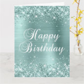 Glittery Bleek Turquoise Big Happy Birthday Kaart (Gele Bloem)