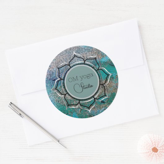 Glittery Blue Elegant OM Lotus Business Logo Ronde Sticker (Envelop)