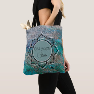 Glittery Blue Elegant OM Lotus Business Logo Tote Bag