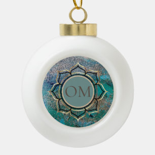 Glittery Blue Elegant OM Lotus Ceramic Ball Chr. Keramische Bal Ornament