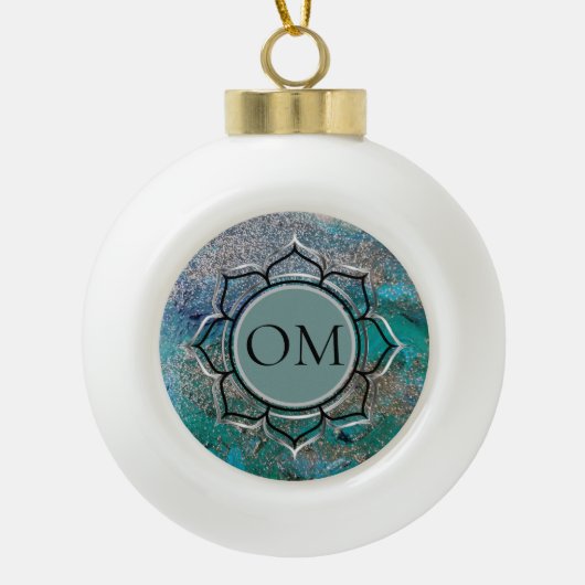 Glittery Blue Elegant OM Lotus Keramische Bal Ornament (Voorkant)