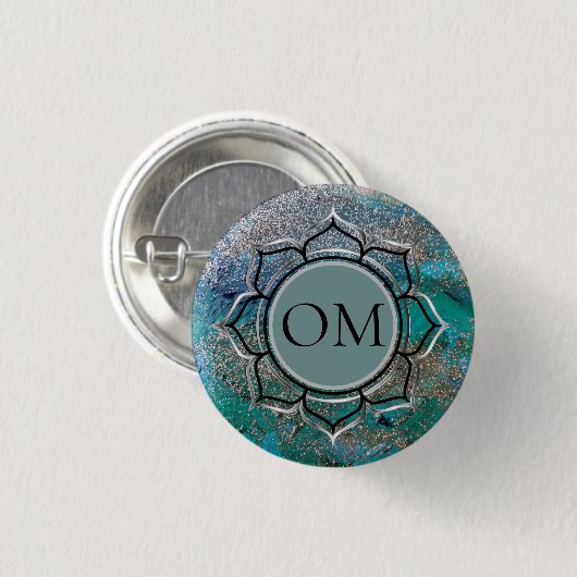 Glittery Blue Elegant OM Lotus Ronde Button 3,2 Cm (Voorkant /achterkant)