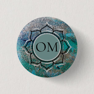 Glittery Blue Elegant OM Lotus Ronde Button 3,2 Cm