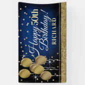 Glittery Blue en Gold Happy 50th Birthday Banner (Verticaal)