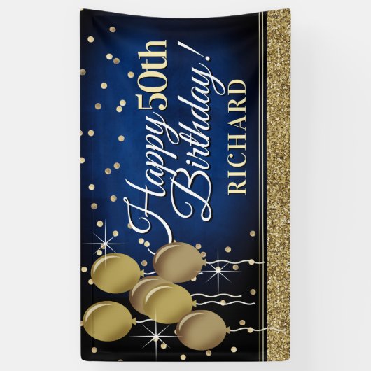 Glittery Blue en Gold Happy 50th Birthday Banner (Verticaal)