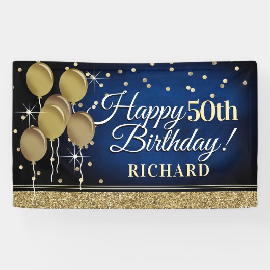 Glittery Blue en Gold Happy 50th Birthday Banner (Horizontaal)