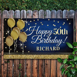 Glittery Blue en Gold Happy 50th Birthday Banner<br><div class="desc">Fun banner-teken voor binnenshuis of buiten,  met enkele glam metalen ballonnen en glittery confetti op een rijke getextureerde koninklijke blauwe achtergrond voor uw gepersonaliseerde verjaardagsbanner.</div>