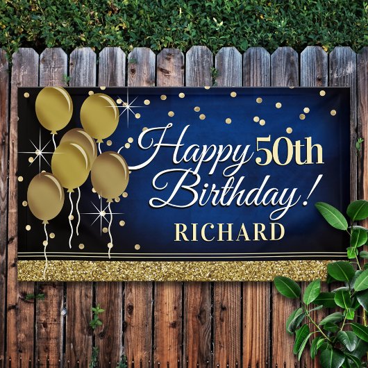 Glittery Blue en Gold Happy 50th Birthday Banner