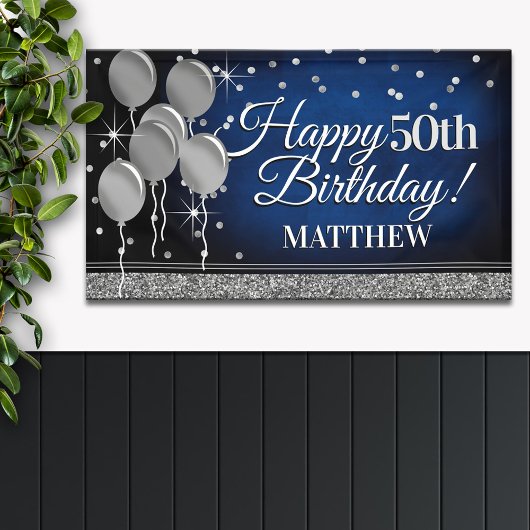 Glittery Blue en Silver Happy Birthday Banner
