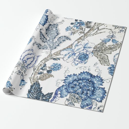 Glittery Blue Floral op Winter White Cadeaupapier (Uitgerold)