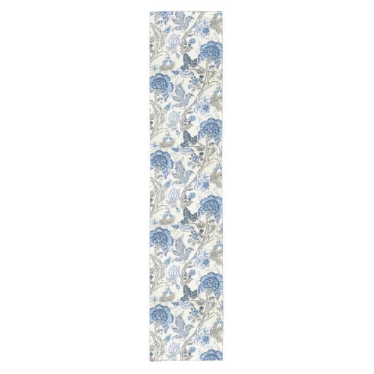 Glittery Blue Floral op Winter White Korte Tafelloper (Voorkant)