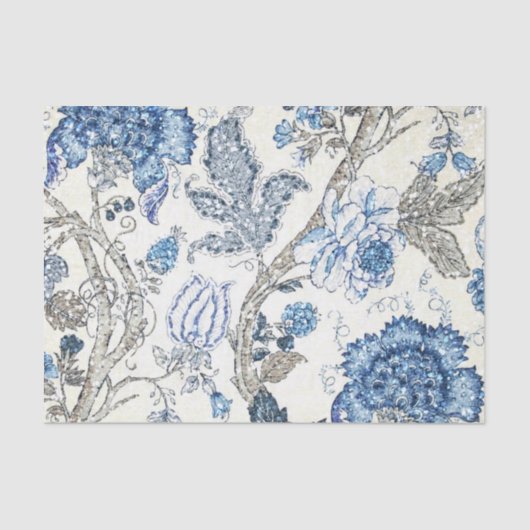 Glittery Blue Floral op Winter White Tissuepapier (Voorkant)