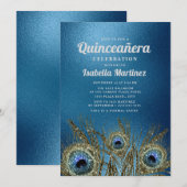 Glittery Blue Gold Peacock Feathers Quinceañera Kaart (Voorkant / Achterkant)