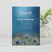 Glittery Blue Gold Peacock Feathers Sweet 16 Kaart (Staand voorkant)